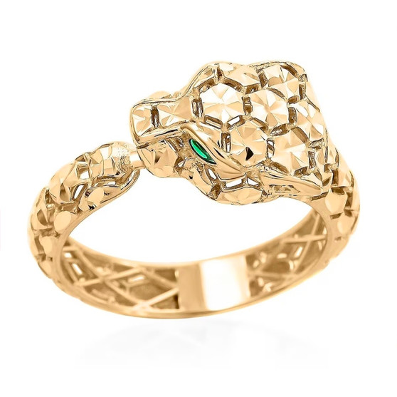 front view of diamond cut panther ring with enameled eyes in 10k yellow gold 2 75g