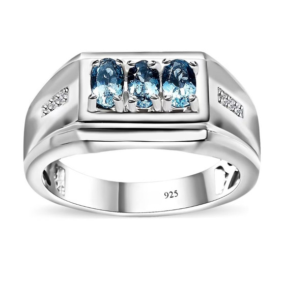 front view aquamarine and white zircon mens ring in rhodium over sterling silver