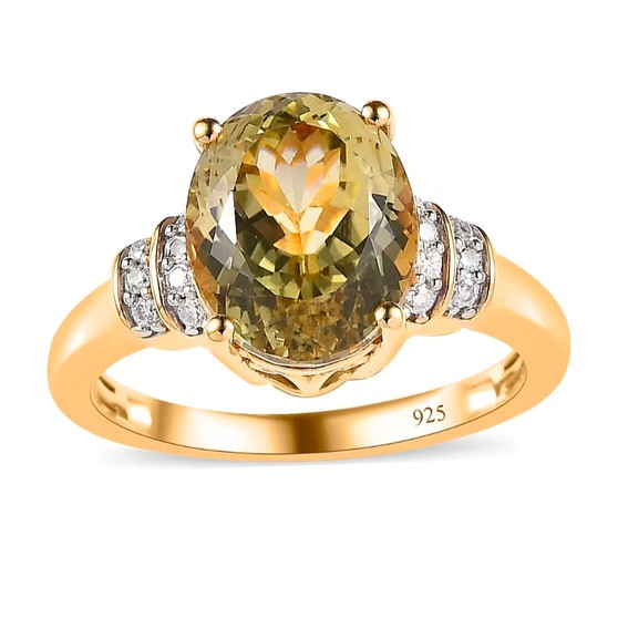 front view of triphane and oval moissanite ring in 18k yellow gold over sterling silver