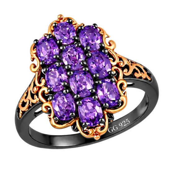 purple sapphire cluster ring in two tone rose gold and black rhodium over sterling silver front