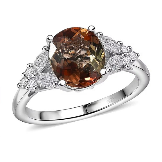 andalusite and moissanite oval ring in rhodium over sterling silver front