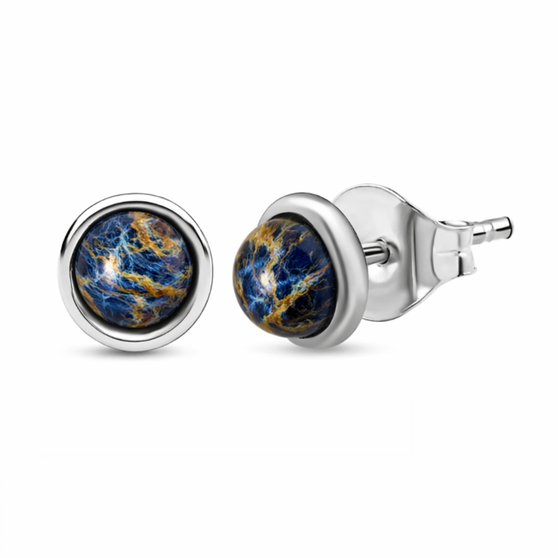 pietersite round cabochon stud earring in rhodium over sterling silver front
