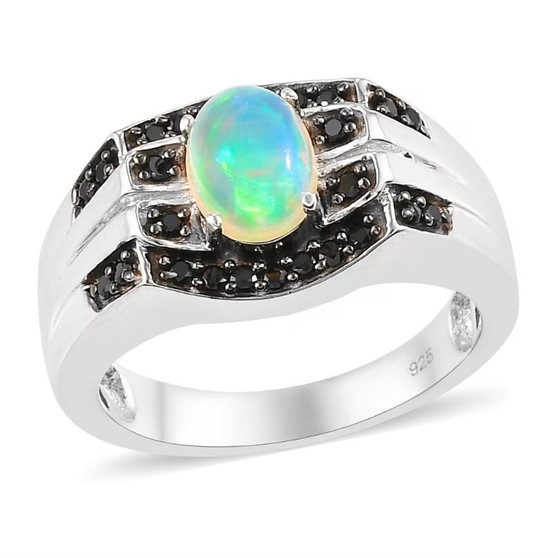 front view of ethiopian opal and black spinel gents ring in rhodium over sterling silver