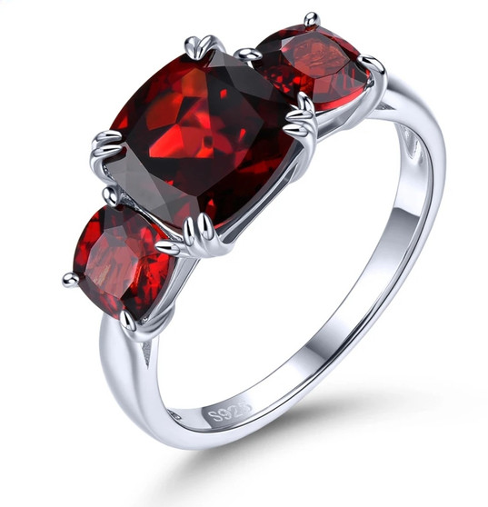 garnet trilogy cushion ring in rhodium over 925 sterling silver