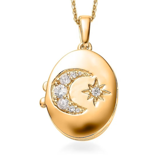 front view of moon and star white zircon locket in 18k yellow gold over sterling silver