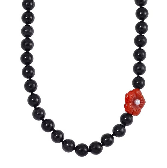 front view of red jade freshwater pearl and shungite beaded necklace in rhodium over sterling silver