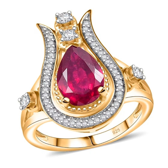front view of ruby (ff) and white zircon tulip halo ring in 18k yellow gold over sterling silver
