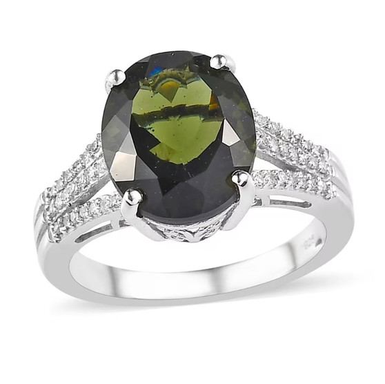 front view of moldavite and diamond triple shank ring in rhodium over sterling silver