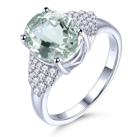 prasiolite and white zircon ring in rhodium over 925 sterling silver