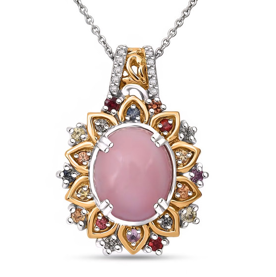 pink opal pendant with multicolor sapphire and zircon in gold and rhodium over sterling silver