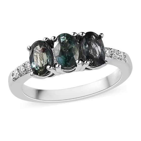 front view of multi-color parti sapphire and moissanite trilogy ring in rhodium over sterling silver