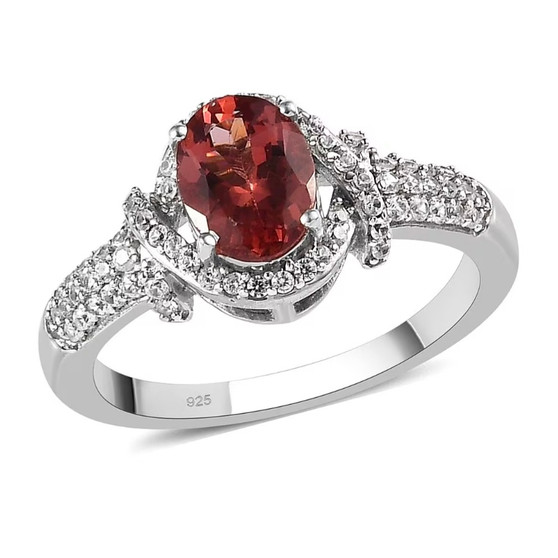 front view of pink apatite and white zircon ring in rhodium over sterling silver