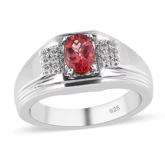front view of pink apatite and white zircon gents ring in rhodium over sterling silver