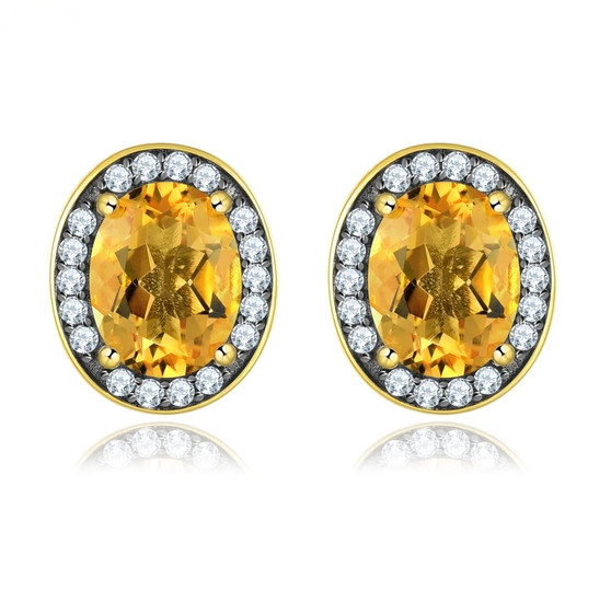 citrine and white zircon oval halo earrings in black rhodium and 18k yellow gold over 925 sterling silver