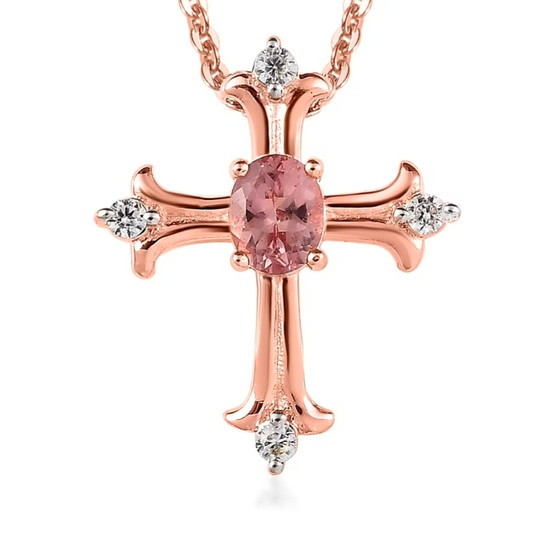 front view of pink apatite and white zircon cross pendant necklace in 18k rose gold over sterling silver