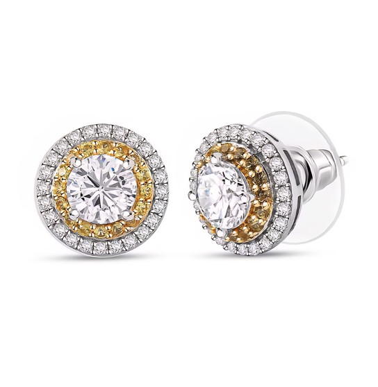 front view of moissanite and yellow sapphire halo stud earrings in rhodium and 18k yellow gold over sterling silver