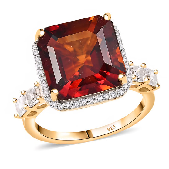 front view of madeira citrine and moissanite solitaire ring in 18k yellow gold over sterling silver
