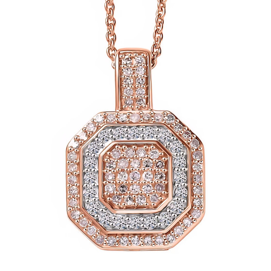 front view of pink and white diamond cluster pendant necklace in 10k rose gold