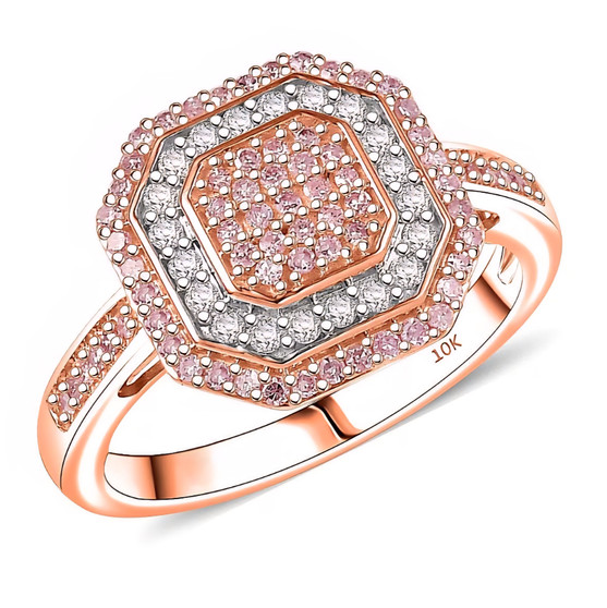front view of pink and white diamond cluster ring in 10k rose gold