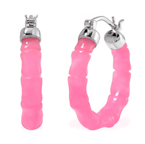 front view of pink jadeite jade bamboo hoop earrings in rhodium over sterling silver
