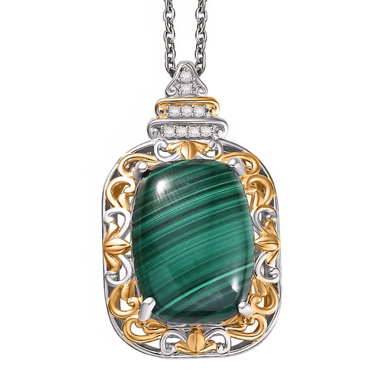 malachite and white zircon pendant in two tone gold and rhodium over sterling silver