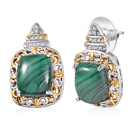 malachite and white zircon earrings in two tone gold and rhodium over sterling silver