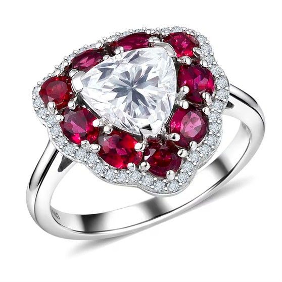 front view of moissanite and anthill garnet trillion halo ring in rhodium over sterling silver
