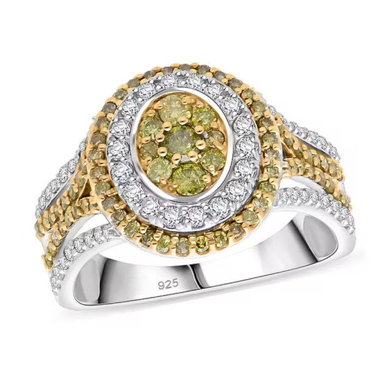 yellow and white diamond cluster halo ring in rhodium over sterling silver
