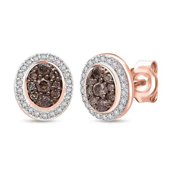 front view of brown and white diamond cluster halo earrings in 18k rose gold and rhodium over sterling silver