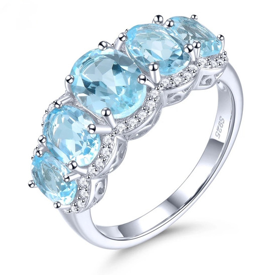 sky blue topaz and white zircon five stone ring in rhodium over 925 sterling silver