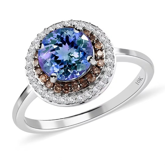 front view of unheated tanzanite champagne and white diamond round double halo ring in 10k white gold