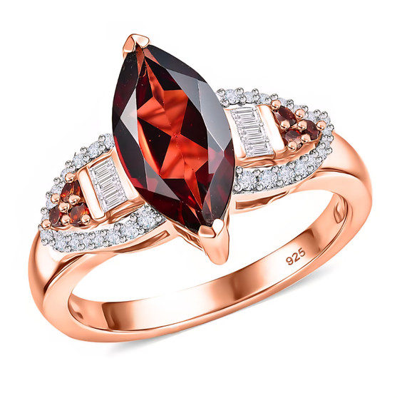 front view of marquise garnet and moissanite ring in 18k rose gold over sterling silver