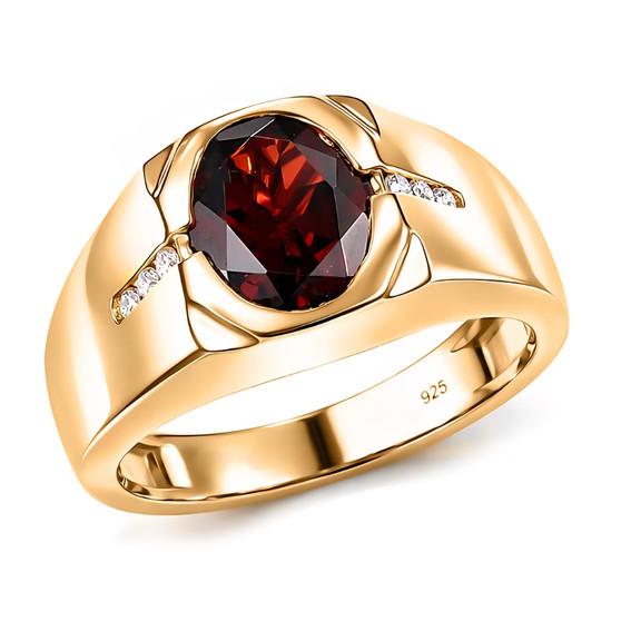 front view of oval garnet and moissanite gents ring in 18k yellow gold over sterling silver