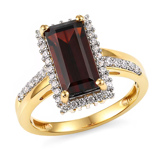 front view of baguette cut garnet and moissanite halo ring in 18k yellow gold over sterling silver