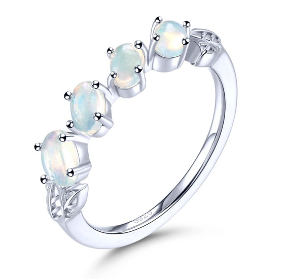 ethiopian opal cabochon leaf band ring in rhodium over 925 sterling silver