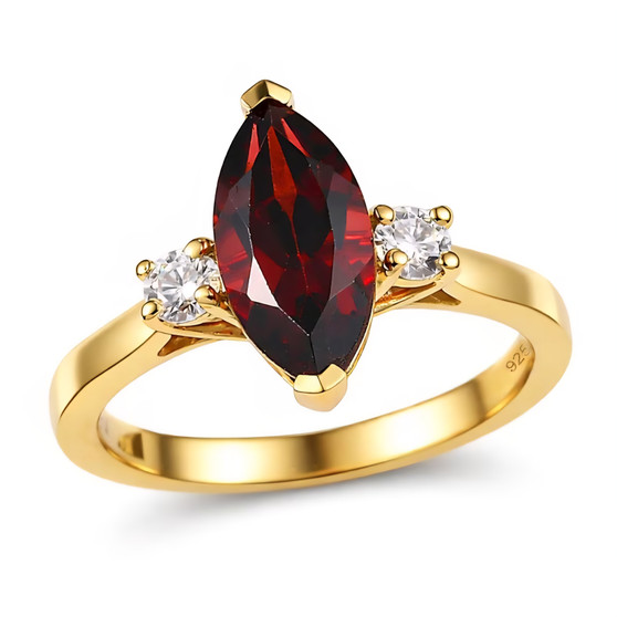 marquise garnet and moissanite three stone ring in yellow gold over sterling silver