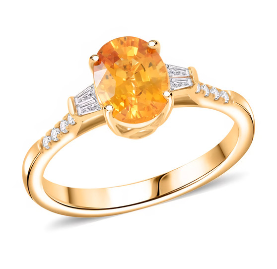 front view of yellow sapphire and diamond solitaire ring in 14k yellow gold
