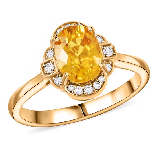front view of yellow sapphire and diamond halo ring in 14k yellow gold