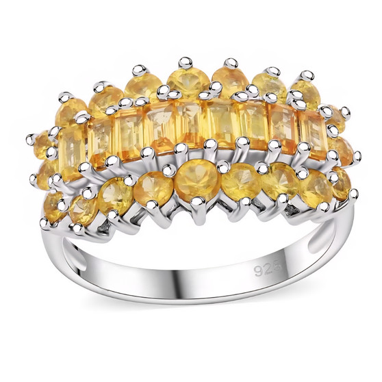 yellow sapphire cluster ring with baguette and round stones in rhodium over sterling silver