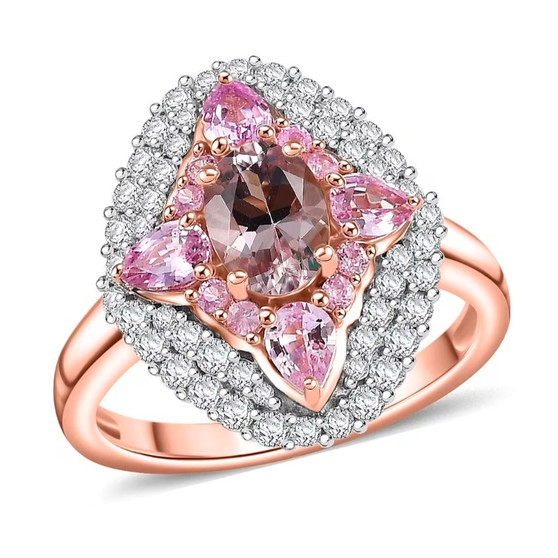 front view of morganite pink sapphire and moissanite ring in 18k rose gold over sterling silver