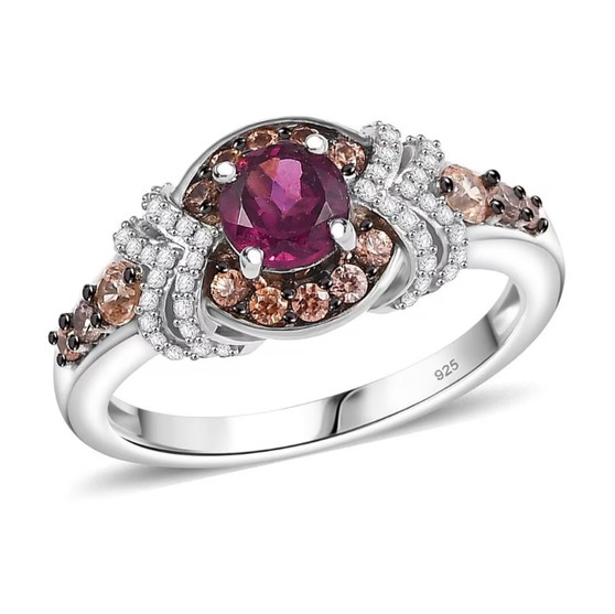 front view of rhodolite garnet brown and white zircon ring in rhodium over sterling silver