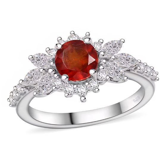 front view of hessonite garnet and white zircon halo ring in rhodium over sterling silver