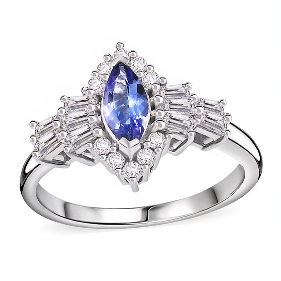 front view of tanzanite and moissanite halo ring in rhodium over sterling silver