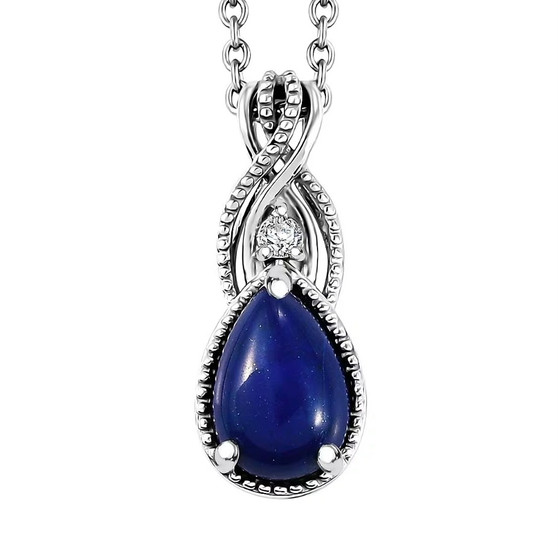 front view of lapis lazuli and white topaz pear pendant necklace in rhodium over sterling silver