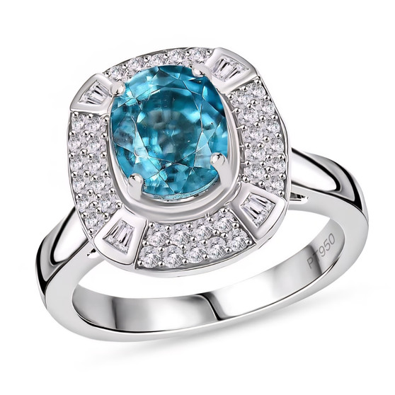 front view of blue zircon and diamond halo ring in 950 platinum