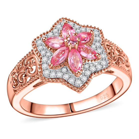 front view of pink spinel and white zircon floral cluster ring in 18k rose gold over sterling silver