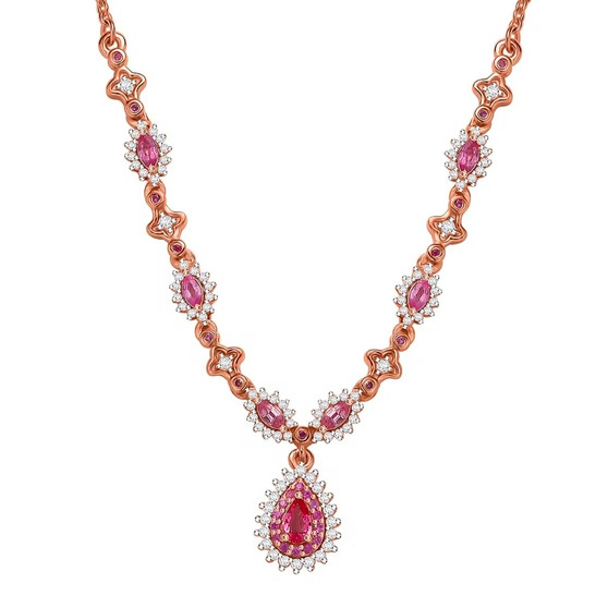 front view of pink spinel pink sapphire and moissanite drop necklace in 18k rose gold over sterling silver