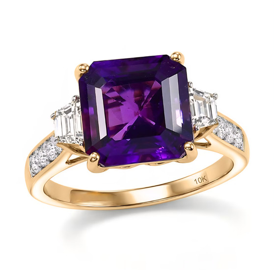 front view of amethyst and lab diamond ring in 10k yellow gold