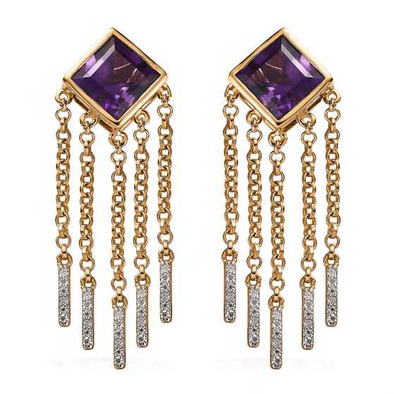 front view of amethyst and moissanite tassel earrings in 18k yellow gold over sterling silver