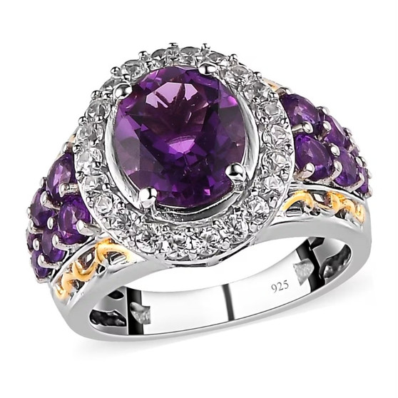 front view of amethyst and white zircon halo two-tone 18k yellow gold and rhodium over sterling silver